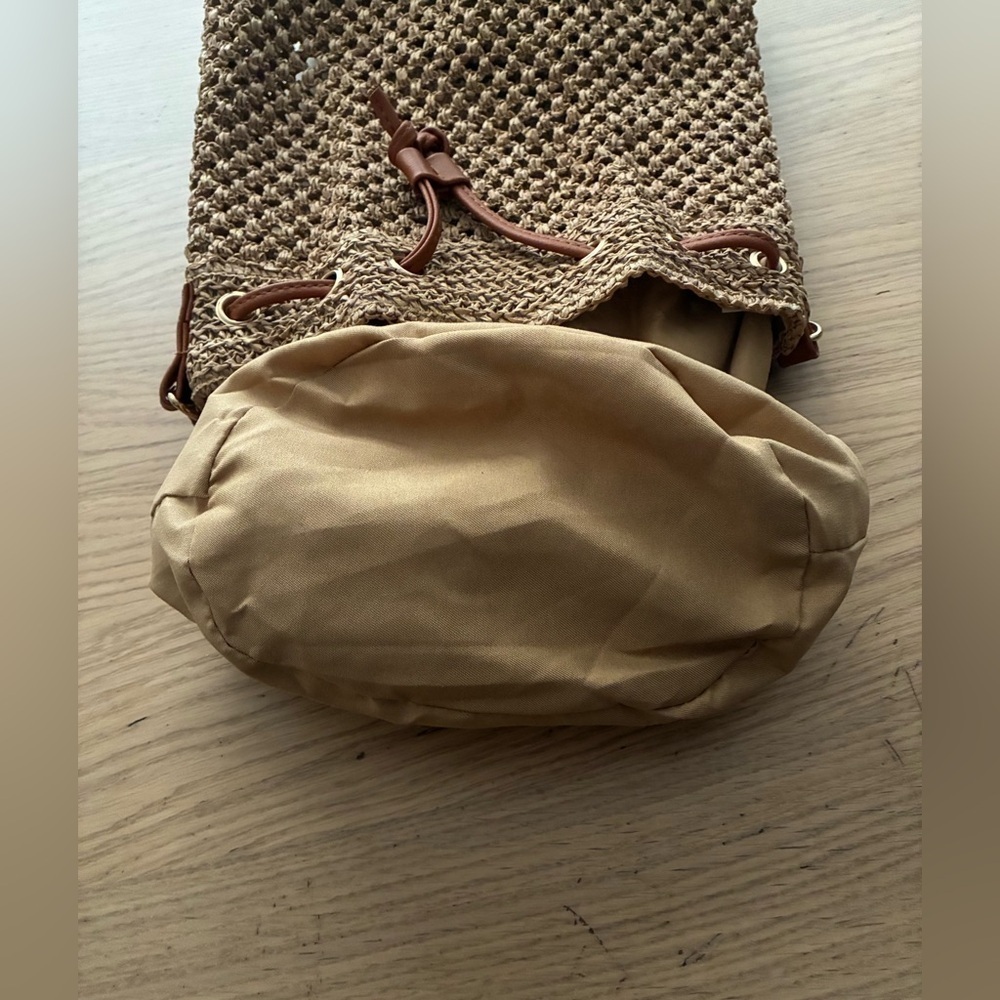 Tan Woven Straw Hollow Bucket Crossbody Bag Handbag Tan - Picture 10 of 12
